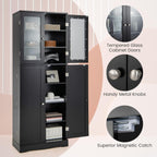 LOKO 63.5" Tall Kitchen Pantry Storage Cabinet, Freestanding Food Storage Cabinet with Glass Doors, Storage Shelves & Door Racks, Modern Cupboard for Dining Room, Living Room (Black)