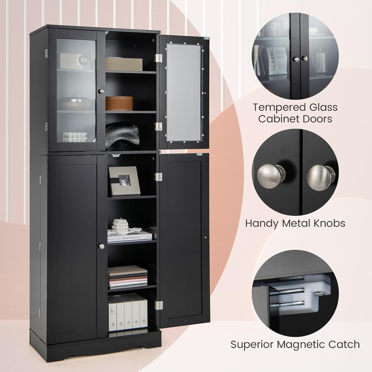 LOKO 63.5" Tall Kitchen Pantry Storage Cabinet, Freestanding Food Storage Cabinet with Glass Doors, Storage Shelves & Door Racks, Modern Cupboard for Dining Room, Living Room (Black)