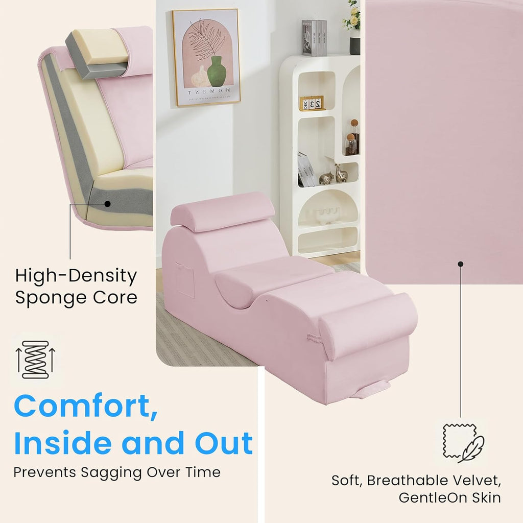 ijuicy 25 Inch Home Stretch Yoga Chair, Velvet Fitness Yoga Chaise Lounge Chair Indoor, Yoga Training Reliner with Adjustable Footrest & Headrest, Pink