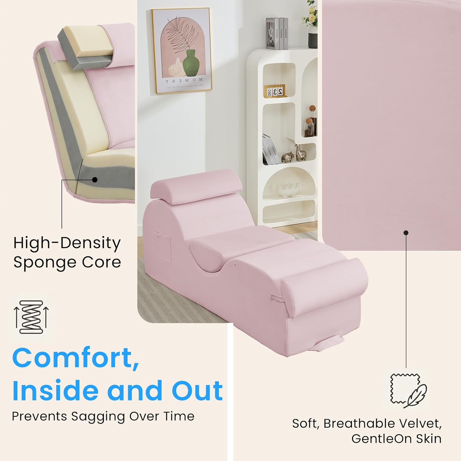 ijuicy 25 Inch Home Stretch Yoga Chair, Velvet Fitness Yoga Chaise Lounge Chair Indoor, Yoga Training Reliner with Adjustable Footrest & Headrest, Pink