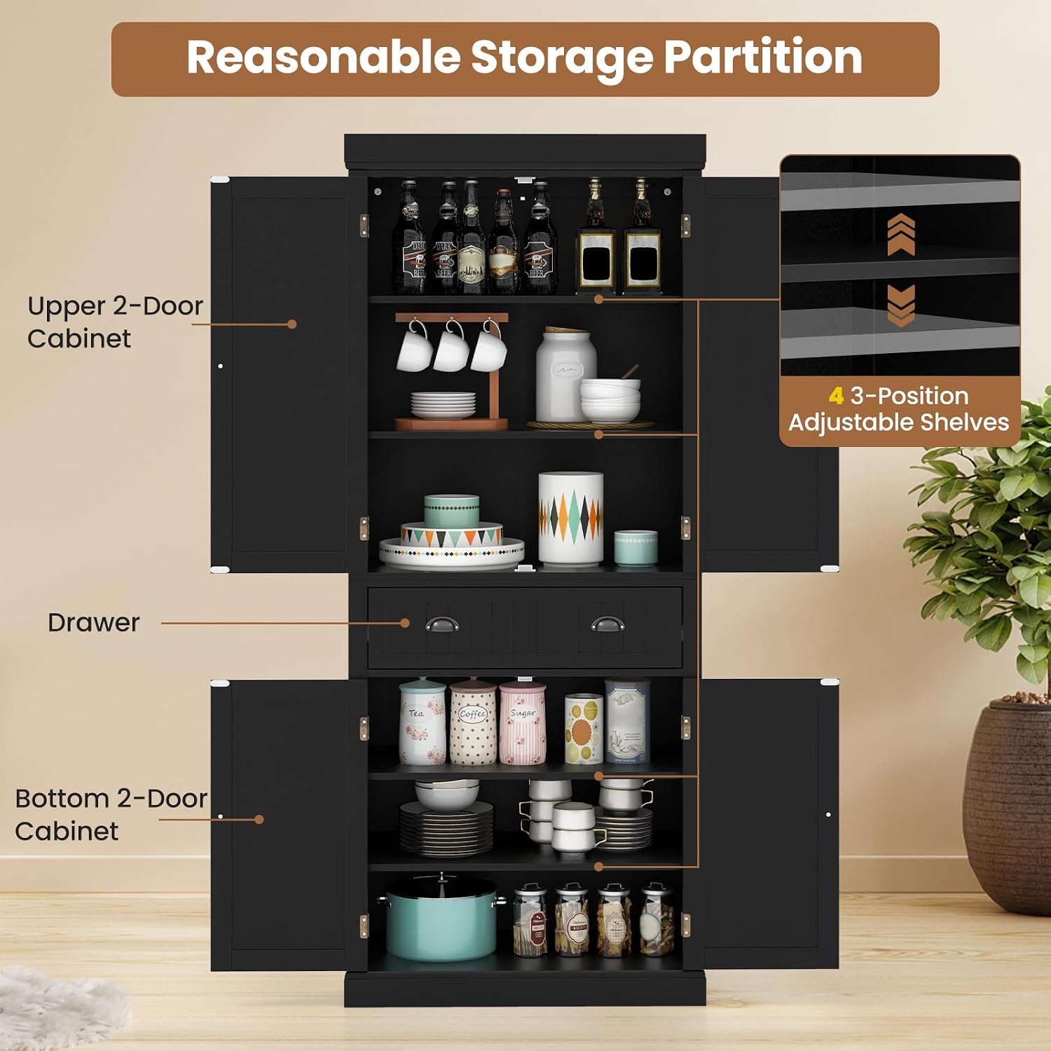 Giantex Pantry Organizers and Storage, 72" Tall Kitchen Cabinet with 2-Door Cabinets & Drawer, Buffet Sideboard w/Adjustable Shelves, Wooden Freestanding Cupboard for Dining Room Living Room (Black)