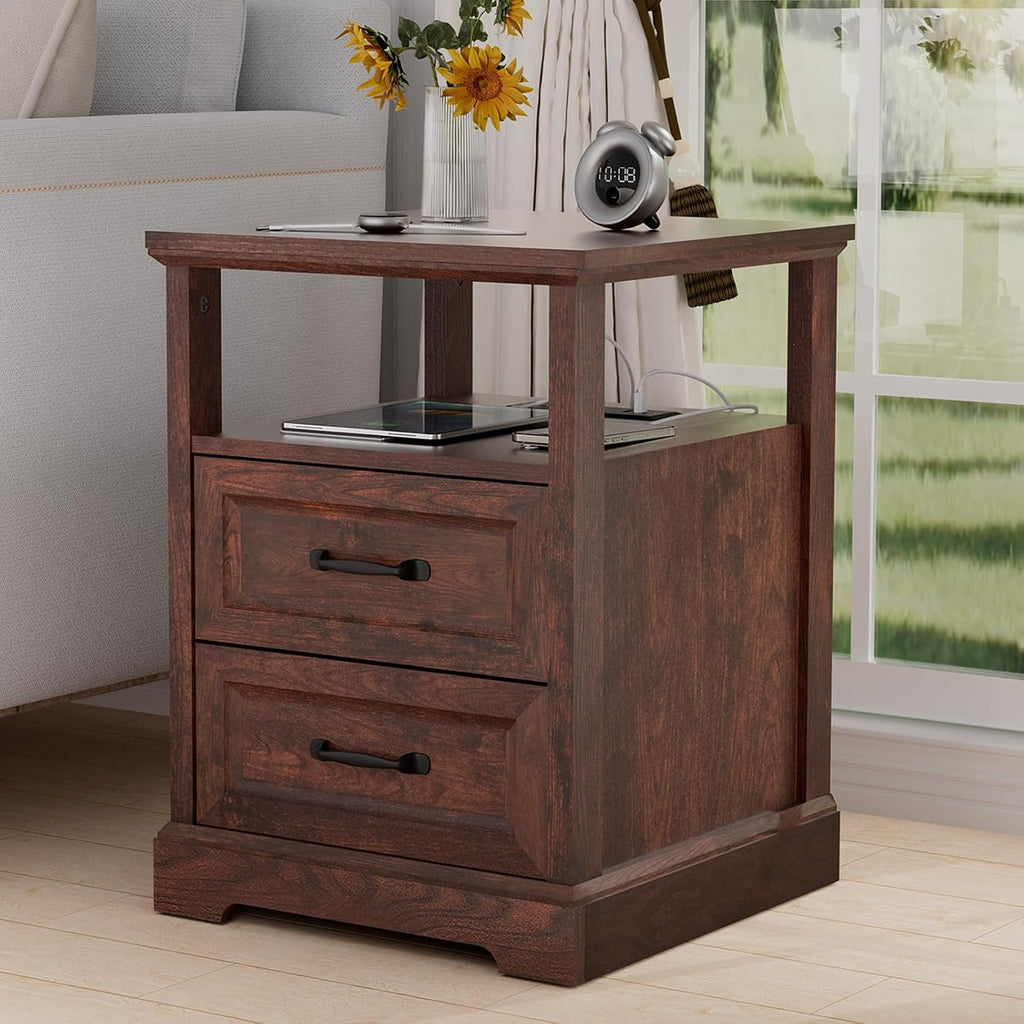 HOMMPA 18'' W Farmhouse Nightstand with Charging Station, Bedside Tables with Open Shelf, 2 Drawers End Table Dresser Side Table, Wood Night Stand for Bedroom, Cherry