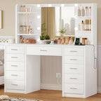 FIONESO Large Vanity Desk with Mirror and Lights, Makeup Vanity with 11 Drawers & 6 Open Shelves, 3 Lighting Modes, Brightness Adjustable, Vanity for Girls, White
