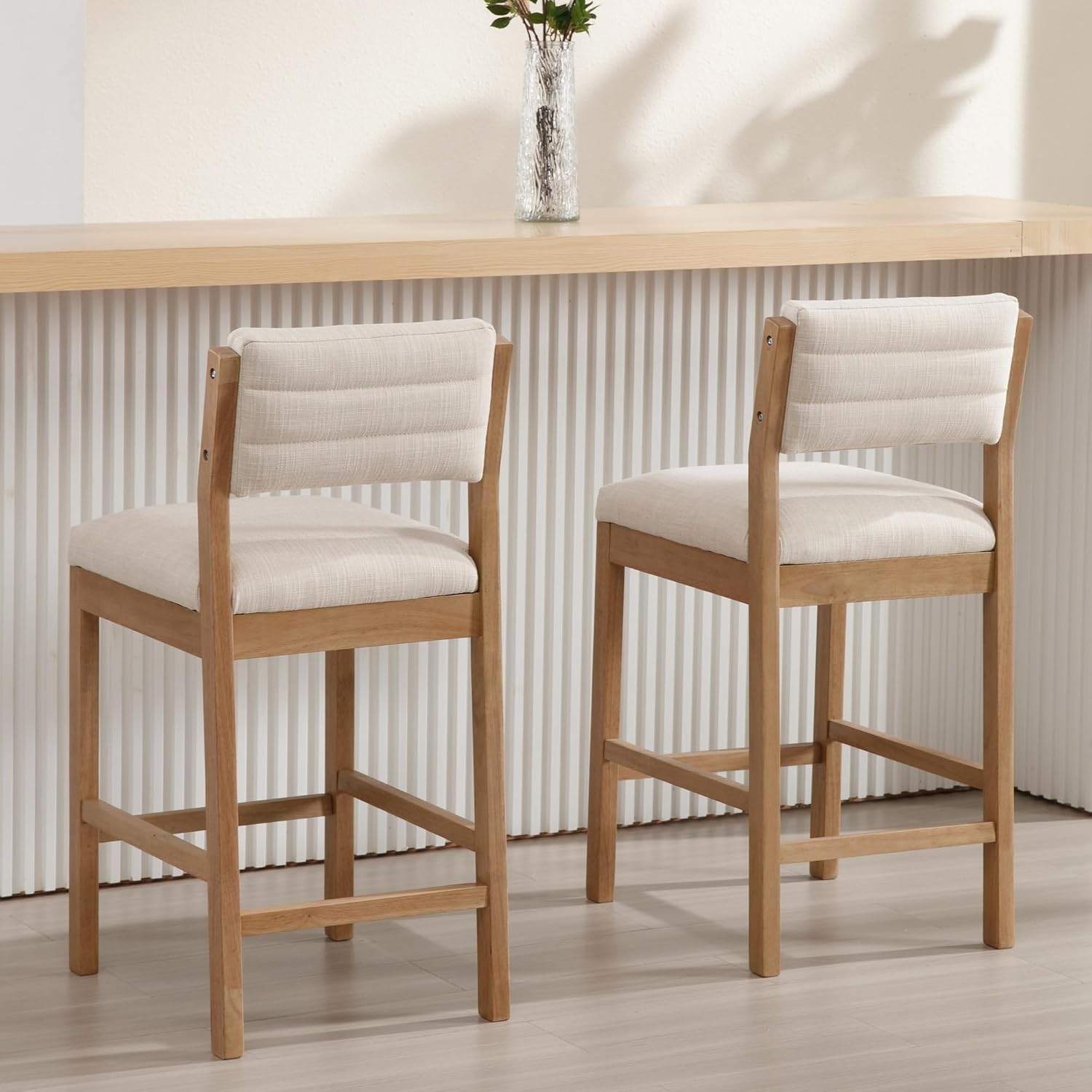 BESTANO 26” Counter Height Bar Stools Set of 2 Linen Upholstered Kitchen Island Stools with Back Mid Century Rectangle Wood Barstools Countertop Bar Chairs, Beige