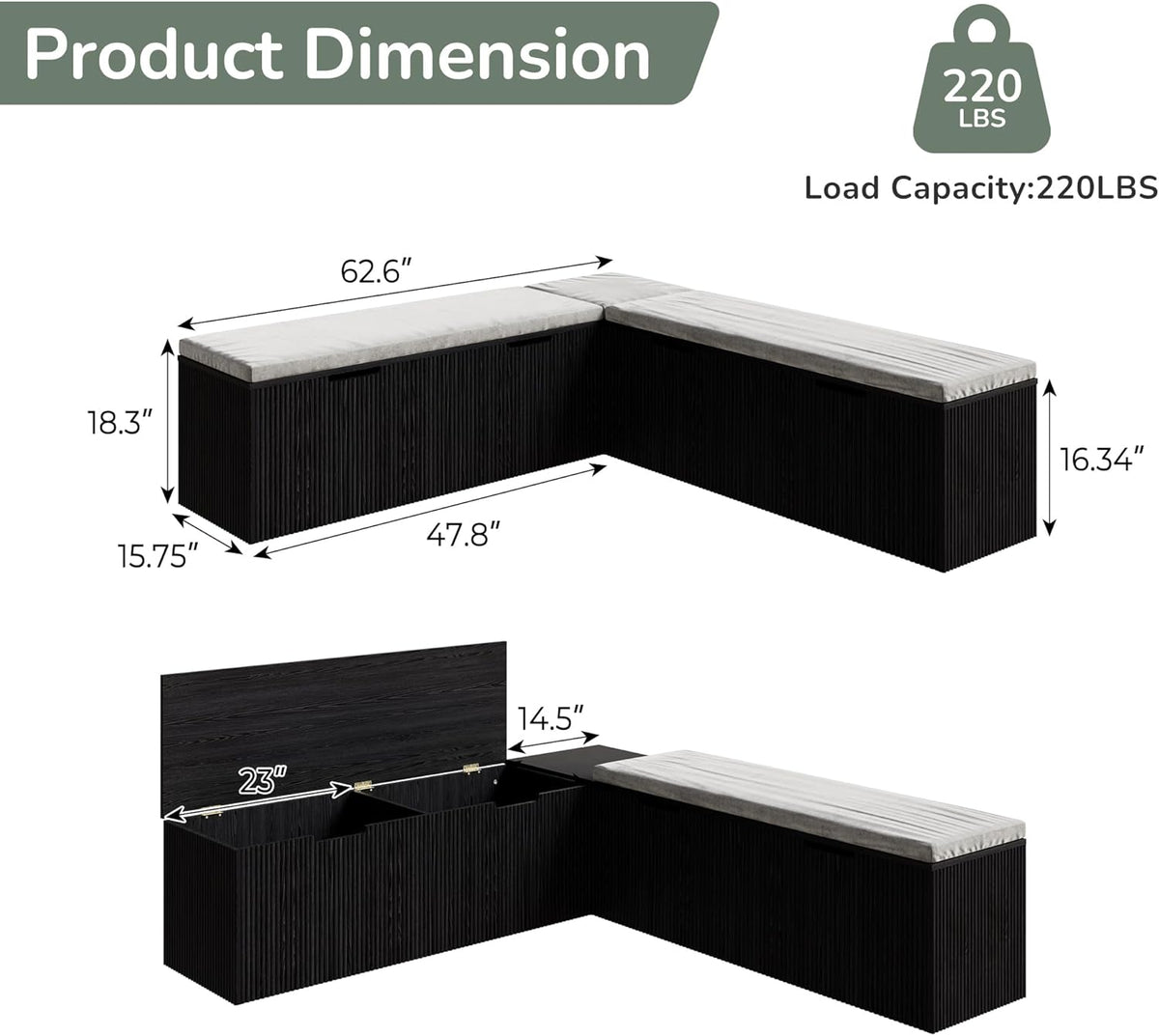 Bobve L-Shape Storage Bench with Cushion, Backless Corner Dining Bench, Kitchen Dining Nook Bench with Hidden Storage for Dining Room, Kitchen, Entryway (Black)