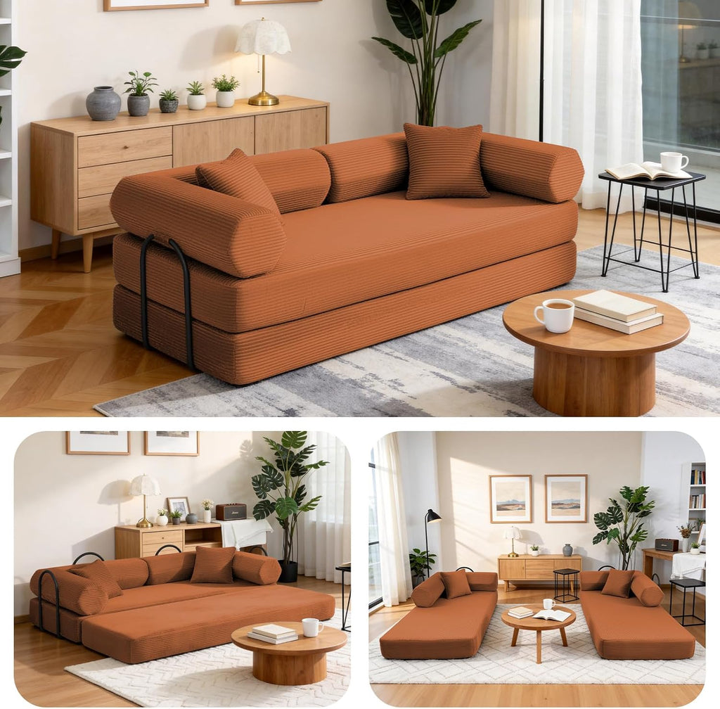 79" Corduroy Sofa Bed, Couch in a Box with 2 Pillows, High-Density Foam 4-in-1 Foldable Sleeper Futon Loveseat for Small Spaces, No Assembly, Side Pockets, Hex Arm Orange