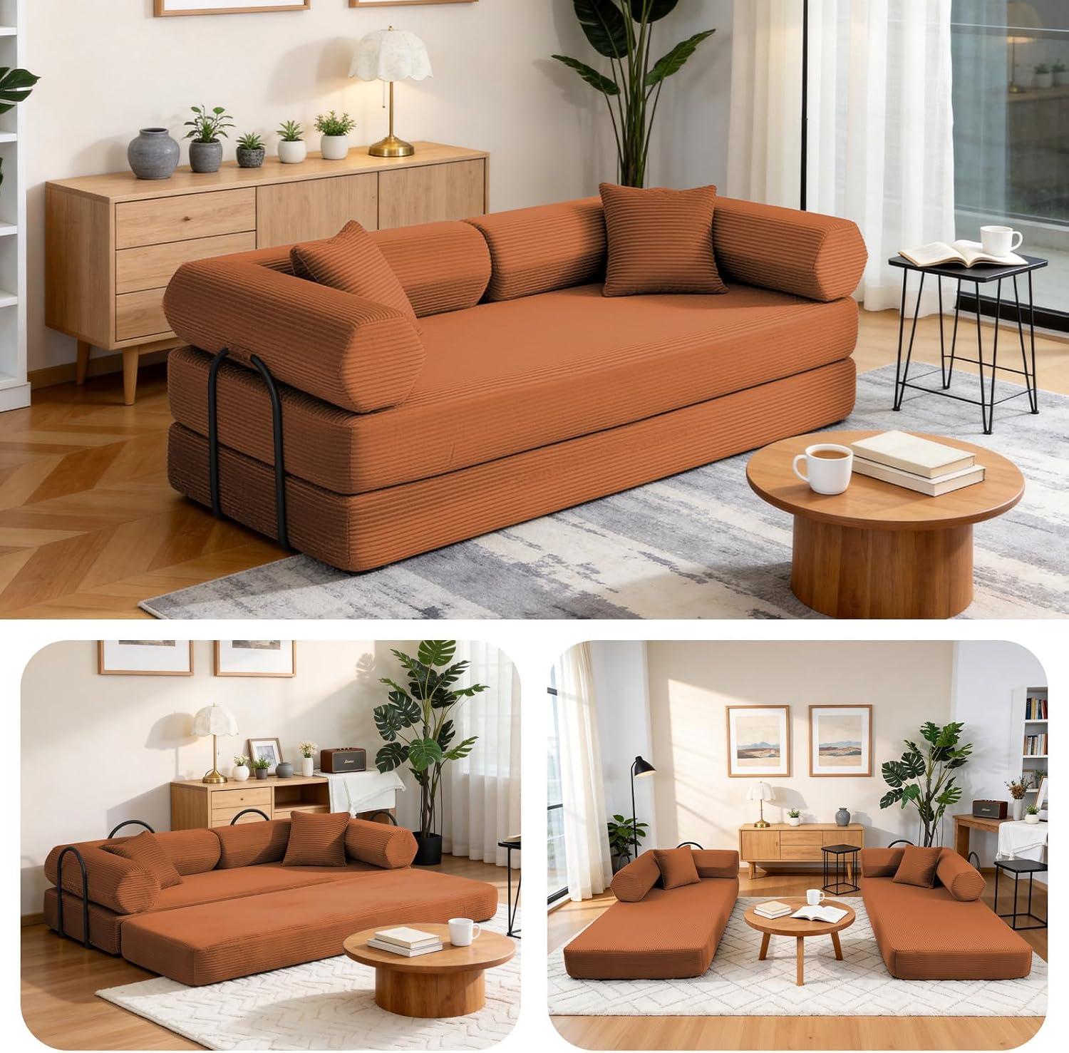 79" Corduroy Sofa Bed, Couch in a Box with 2 Pillows, High-Density Foam 4-in-1 Foldable Sleeper Futon Loveseat for Small Spaces, No Assembly, Side Pockets, Hex Arm Orange