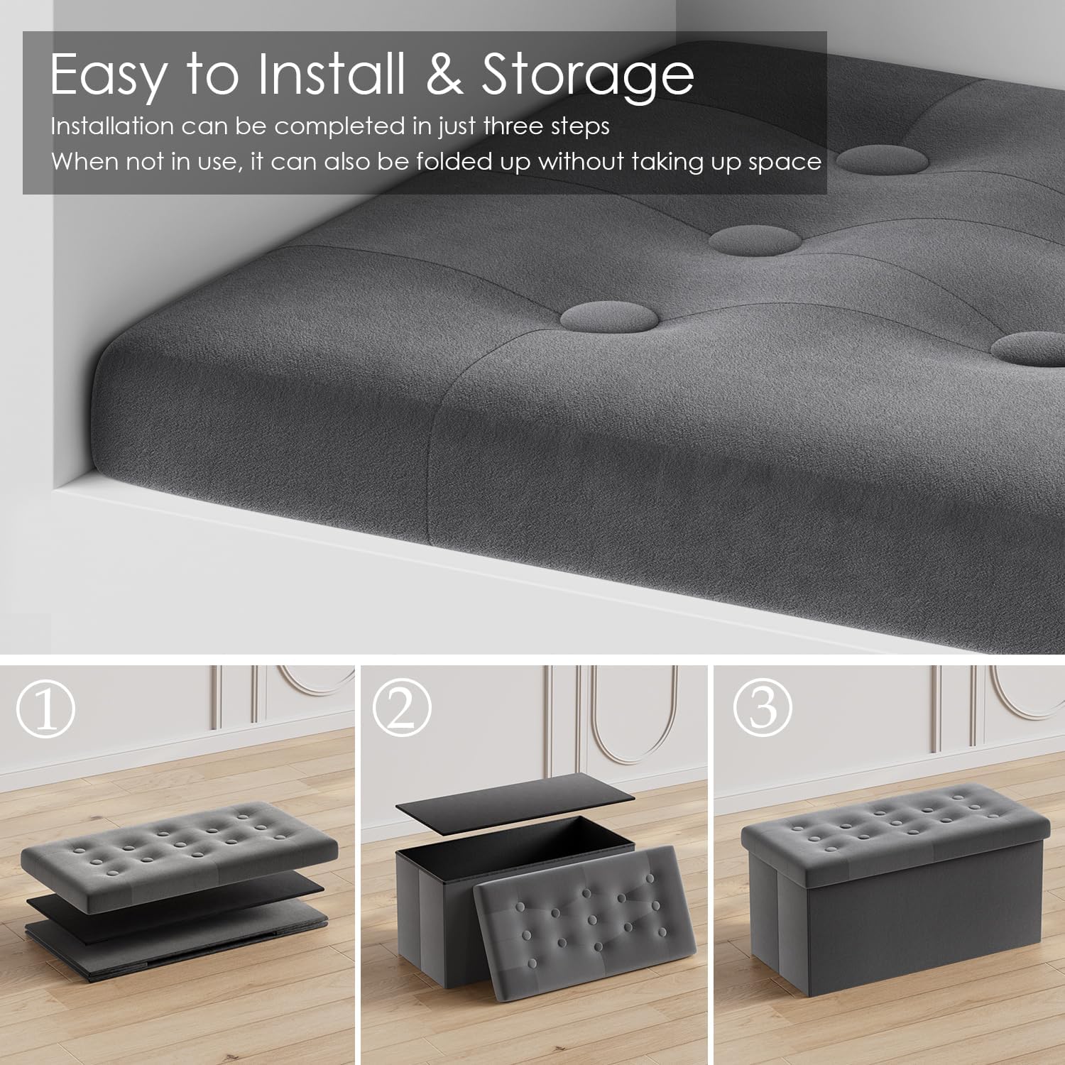 PRANDOM Jumbo Ottoman with Storage [1-Pack] Velvet Folding Small Square Foot Stool with Lid for Living Room Bedroom Coffee Table Dorm Dark Grey 43x15x15 inches