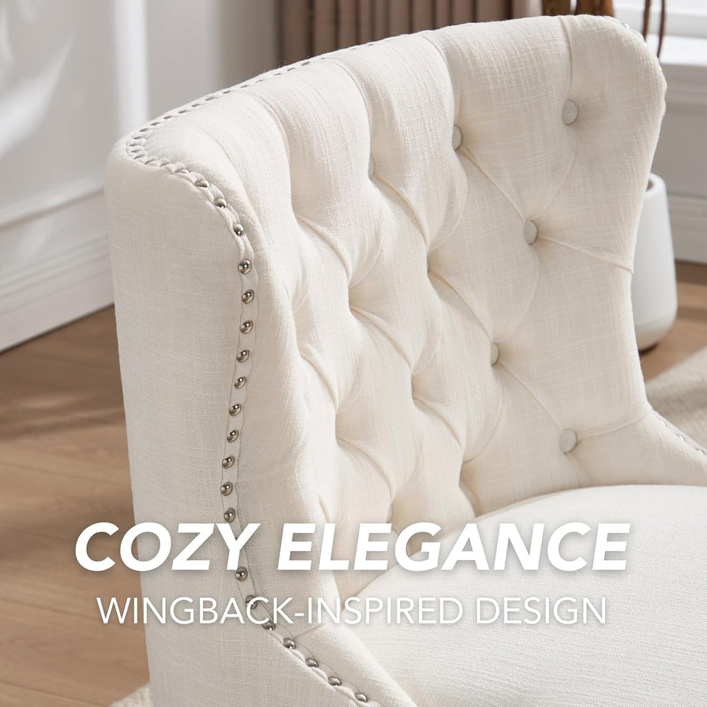 chairus Tufted Slipper Accent Chairs Set of 2, Linen Upholstered Armless Living Room Chairs with Nailhead Trim, Mid-Century Modern Wingback Side Chairs for Bedroom Office Reception, Cream White