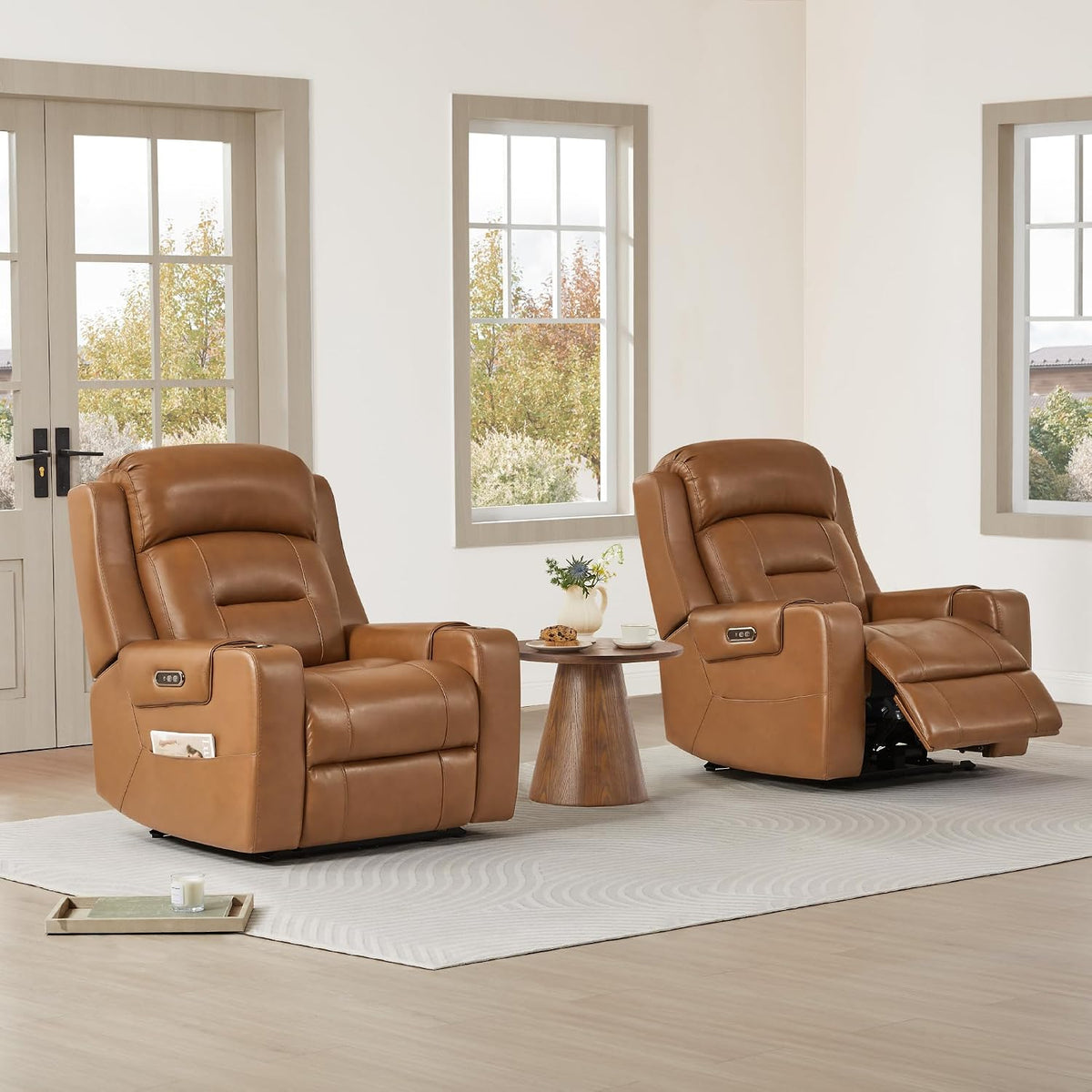 Watson & Whitely Genuine Leather Lay Flat Power Recliner Chair, Saddle