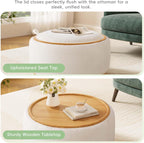 29" Boucle Upholstered Round Storage Ottoman with Solid Wood Legs, Modern Coffee Table Ottoman with Reversible Lid, Large Round Ottoman with Storage for Living Room (Beige, Boucle)