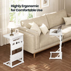 HLDIRECT C Shaped End Table with Charging Station, Couch Side Table with Storage Bag, Foldable TV Tray with 2 USB Ports and Outlets for Living Room, Bedroom, White