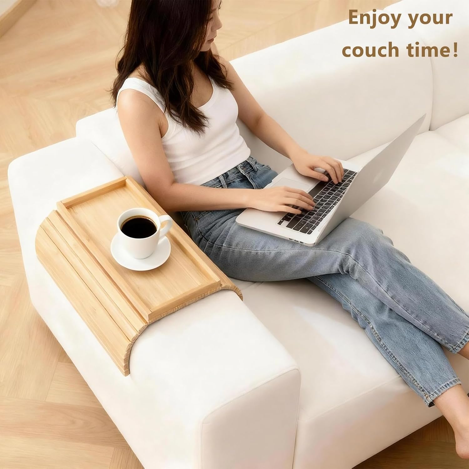 Bamboo Couch Arm Tray Table, Foldable Sofa Rest with Non-Slip Base Portable Armchair Cup Phone Holder for Drinks, Remote, Snacks Fits Most Recliners Couches, Easy-Clean Surface(Bamboo)