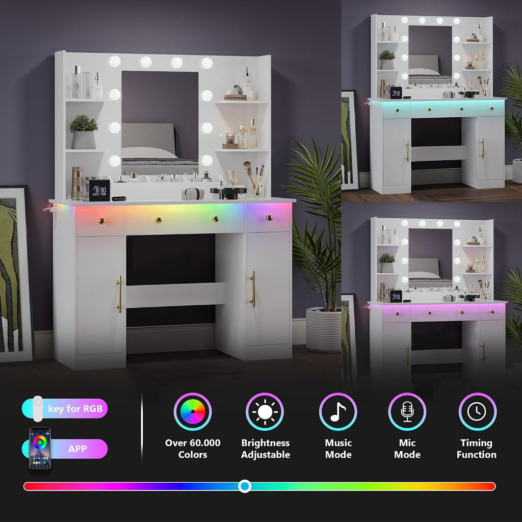 Wodeer Makeup Vanity Desk with Mirror and Lights, 43" White Vanity Set with 3 Drawers, Power Outlet & Adjustable RGB LED Lights, Dressing Table with Storage Shelf for Women & Girls Bedroom