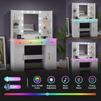 Wodeer Makeup Vanity Desk with Mirror and Lights, 43" White Vanity Set with 3 Drawers, Power Outlet & Adjustable RGB LED Lights, Dressing Table with Storage Shelf for Women & Girls Bedroom