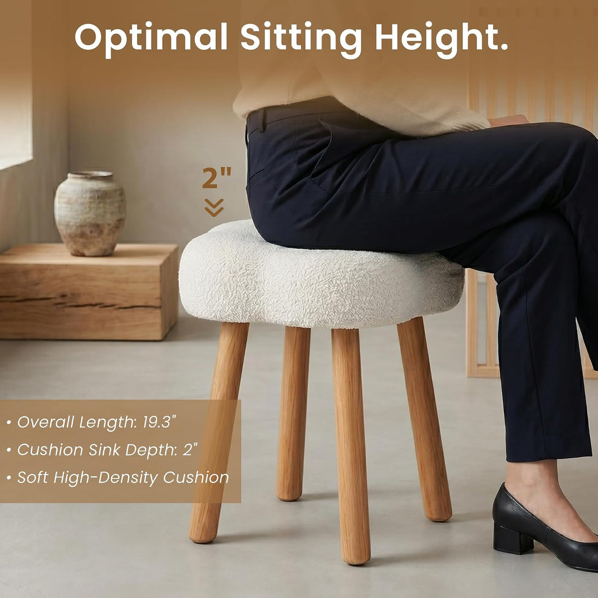 Cmishe Cloud Vanity Stool with Solid Beech Wood Legs, Boucle Makeup Chair for Bedroom, Flower Shaped Upholstered Ottoman, Cute Dressing Stool for Girls & Dorm, Cream White