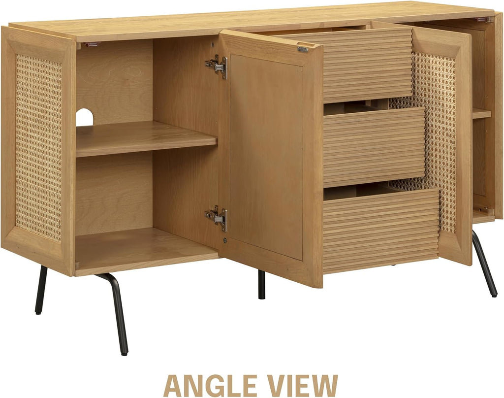 NTC MOSSIC Sideboard with 2 Doors and 3 Drawers, Buffet Cabinet with Natural Rattan and Metal Legs, Modern Storage Cabinet for Living Room, and Hallway, Effortless Assembly, Sand