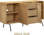 NTC MOSSIC Sideboard with 2 Doors and 3 Drawers, Buffet Cabinet with Natural Rattan and Metal Legs, Modern Storage Cabinet for Living Room, and Hallway, Effortless Assembly, Sand