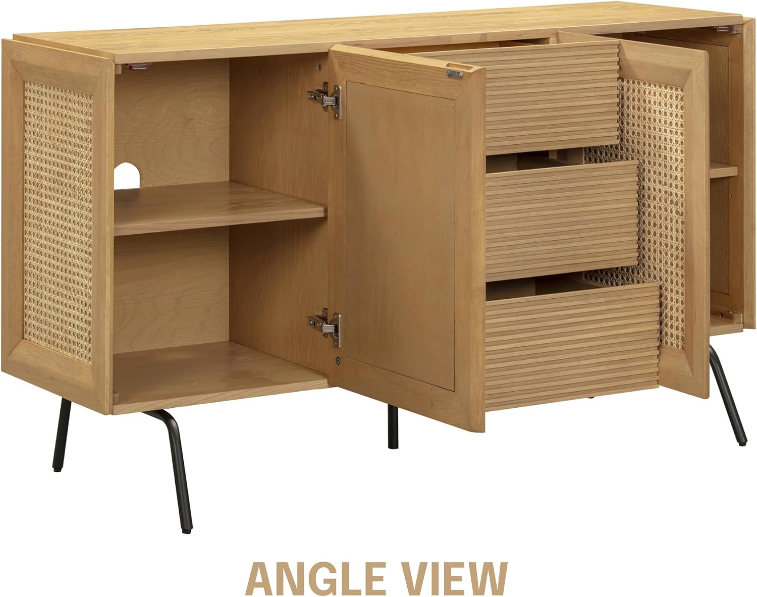 NTC MOSSIC Sideboard with 2 Doors and 3 Drawers, Buffet Cabinet with Natural Rattan and Metal Legs, Modern Storage Cabinet for Living Room, and Hallway, Effortless Assembly, Sand