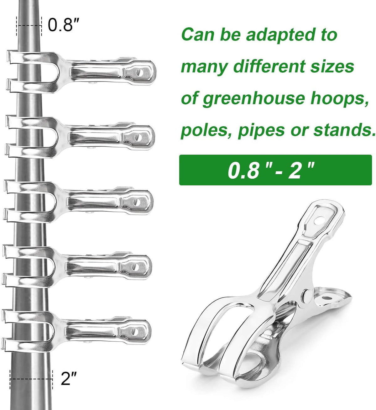 Upgrade Large Garden Clips, Stainless Steel Greenhouse Clamps for 3/4'', 1'', 2'' Pipes, Strong Grip Garden Clamps for Greenhouse Hoop, Heavy Duty Row Cover Clips for Netting, 24PCS