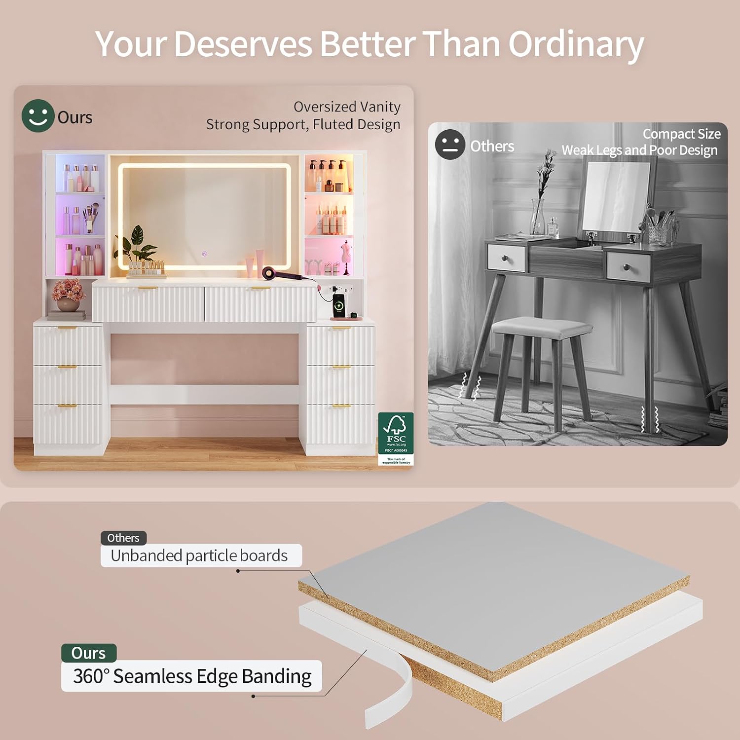 Big Vanity Desk, Fluted Makeup Vanity with Mirror Lights, Dressing Table | Large, Charging Station, Sound Sync Chasing LED Lights, Wood Vanities, Luxury Glass Cabinets, 8 Drawers, Girls, Women
