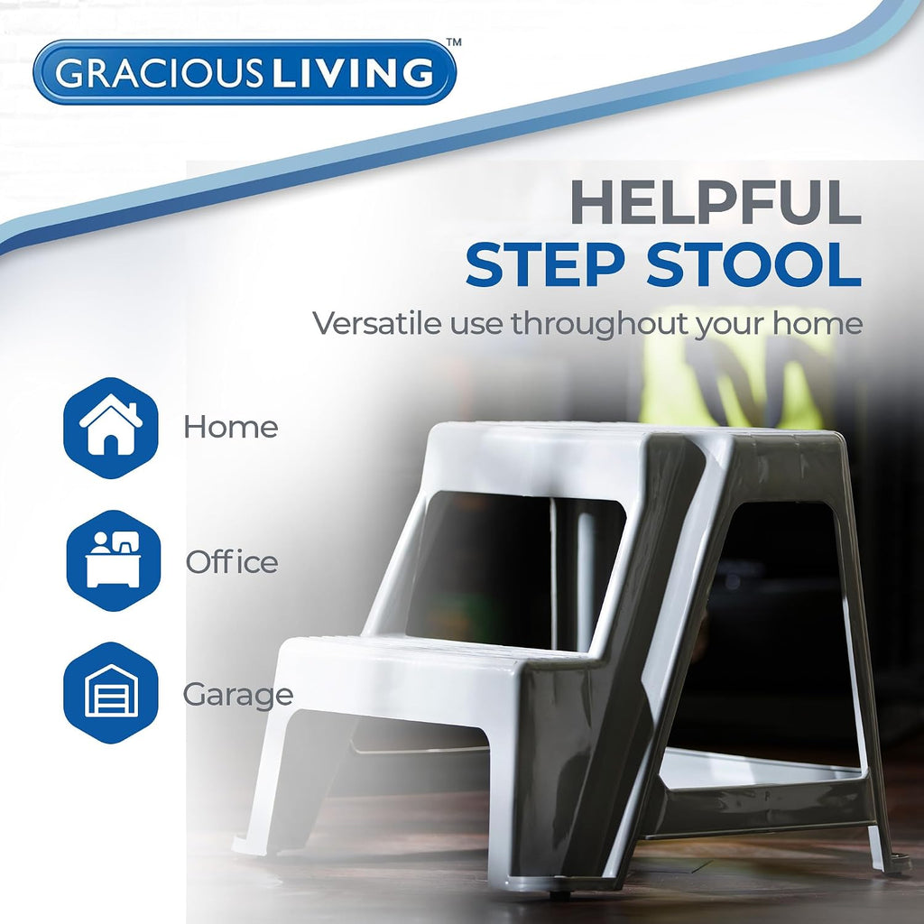 Gracious Living 2-Step Stool, Portable Plastic Stepping Stool for Dorm, Home, Classroom, or Office, 18"L x 18.75"W x 16"H - 300 Pound Capacity, Gray