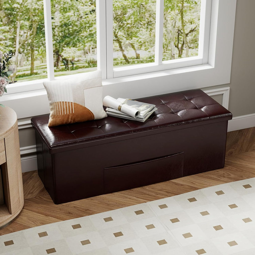 43 Inches Folding Storage Ottoman Bench, Foldable Foot Rest Stool End of Bed Bench with Side Pocket, Storage Chest for Living Room, Entryway & Bedroom (Brown)