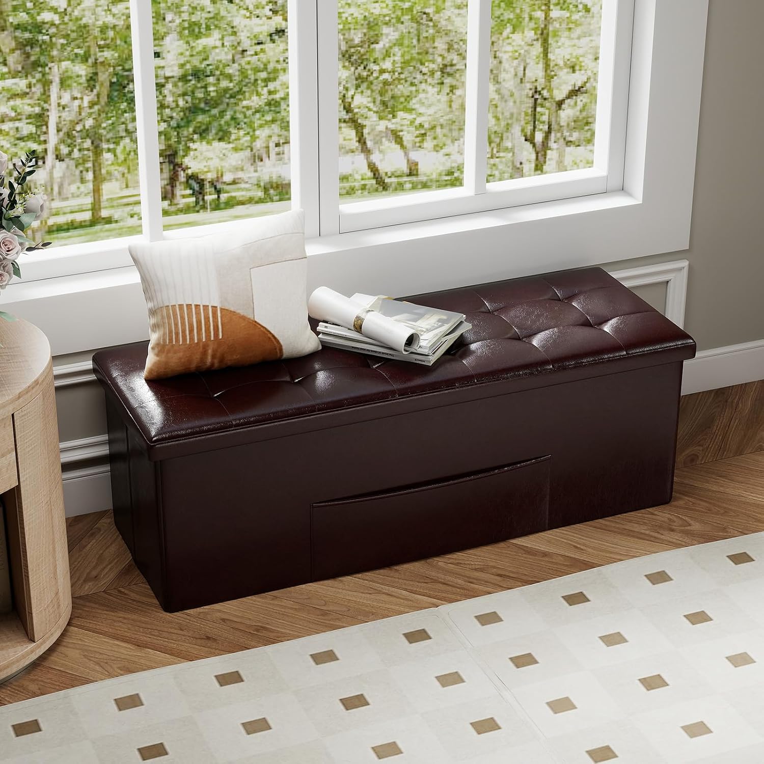 43 Inches Folding Storage Ottoman Bench, Foldable Foot Rest Stool End of Bed Bench with Side Pocket, Storage Chest for Living Room, Entryway & Bedroom (Brown)
