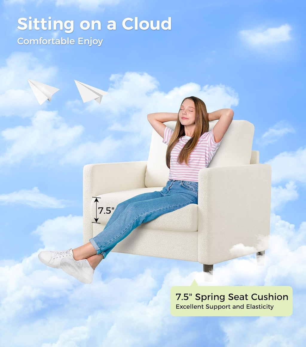 Welzona Sofa Accent Chair, 33" Reading Chair, Comfy Teddy Arm Chairs | Comfy Teddy Fabric, Tool-free Setup, Washable Covers, All-wood Couch Chairs for Living Room, Bedroom, Reading Nook, Beige