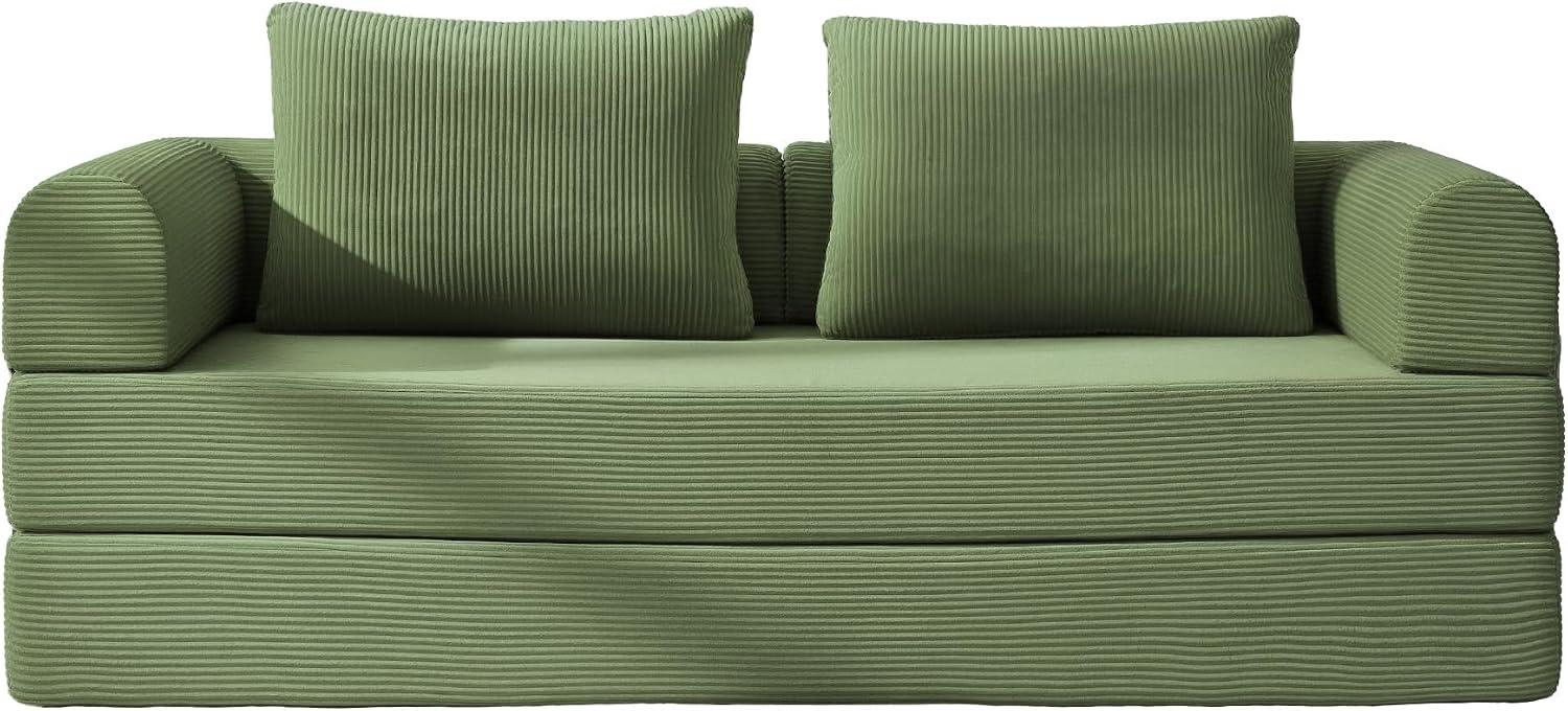 4-in-1 Folding Convertible Sofa Bed, 78 Inch Oversized Corduroy Loveseat Sleeper with Pull Out Bed, Futon Couch for Living Room Bedroom, No Assembly Needed, Olive Green