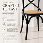 2xhome Wooden X Back Dining Chair | Woven Rattan Seat with Metal Cross Back | Rustic Farmhouse Kitchen Side Chair Fully Assembled (2, Black, Dining)