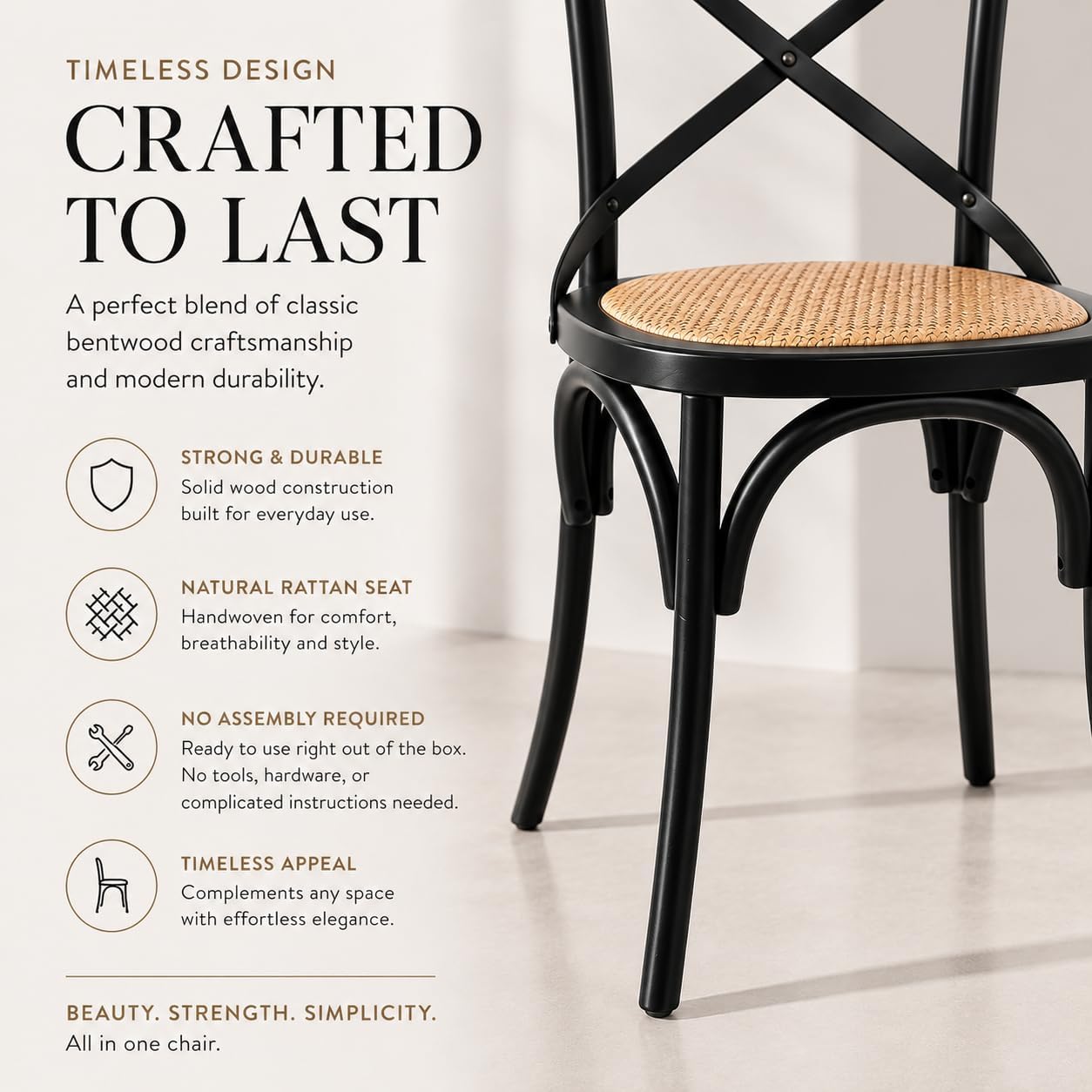 2xhome Wooden X Back Dining Chair | Woven Rattan Seat with Metal Cross Back | Rustic Farmhouse Kitchen Side Chair Fully Assembled (2, Black, Dining)