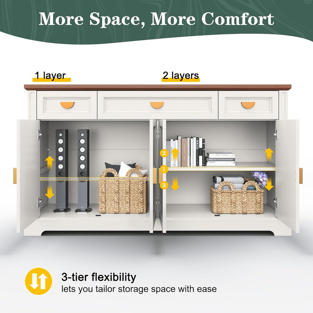 HLR Buffet Cabinet with Drawers,60” Large Sideboard Storage Cabinet with Shelves and Doors,Modern Farmhouse Wooden Coffee Bar Credenza for Dinning Room,Kitchen,Living Room,White