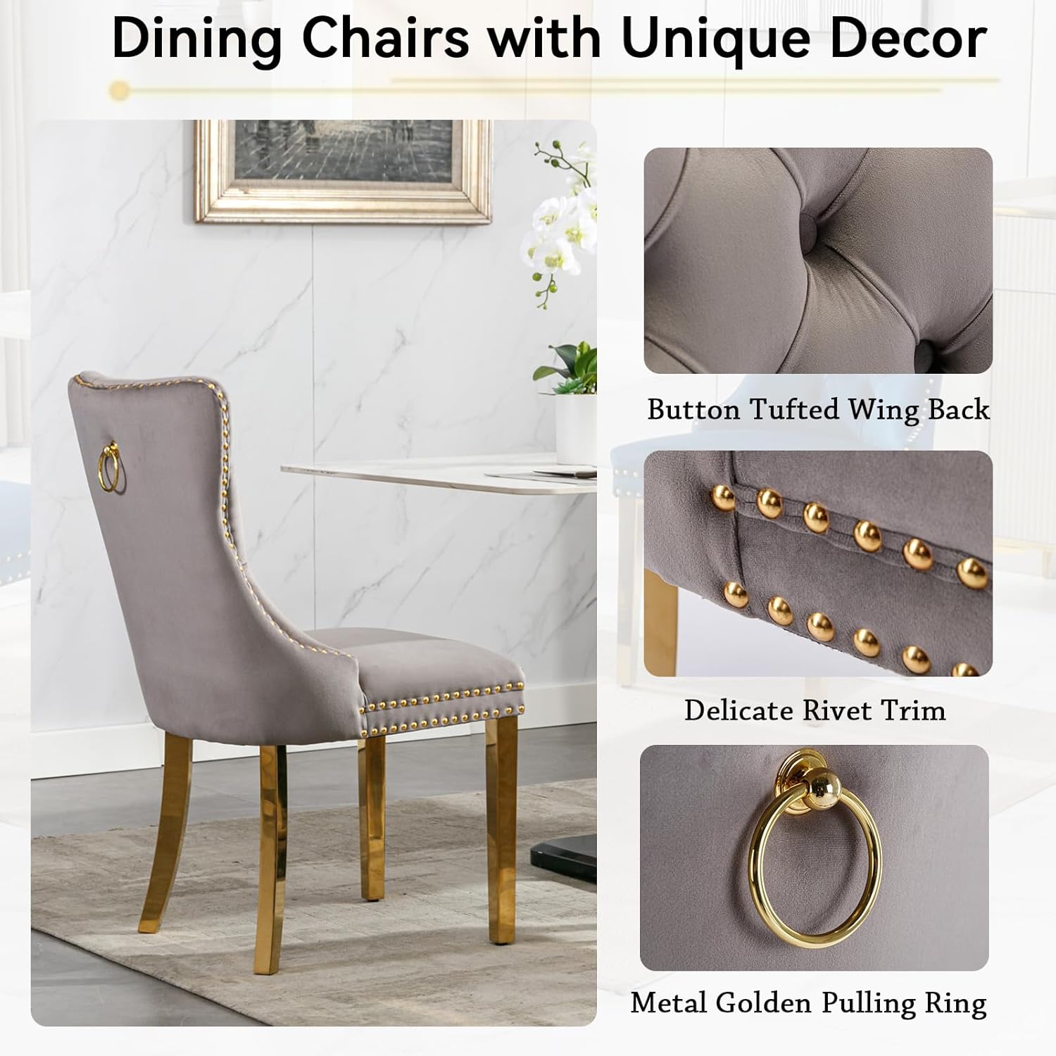 5 Piece Marble Dining Set for 4, 70.87" Rectangular Dining Room Table with 4 Grey Velvet Chairs, Gold Stainless Steel Frame, Luxury Modern Kitchen Table Set for Dining Room, Easy Assembly
