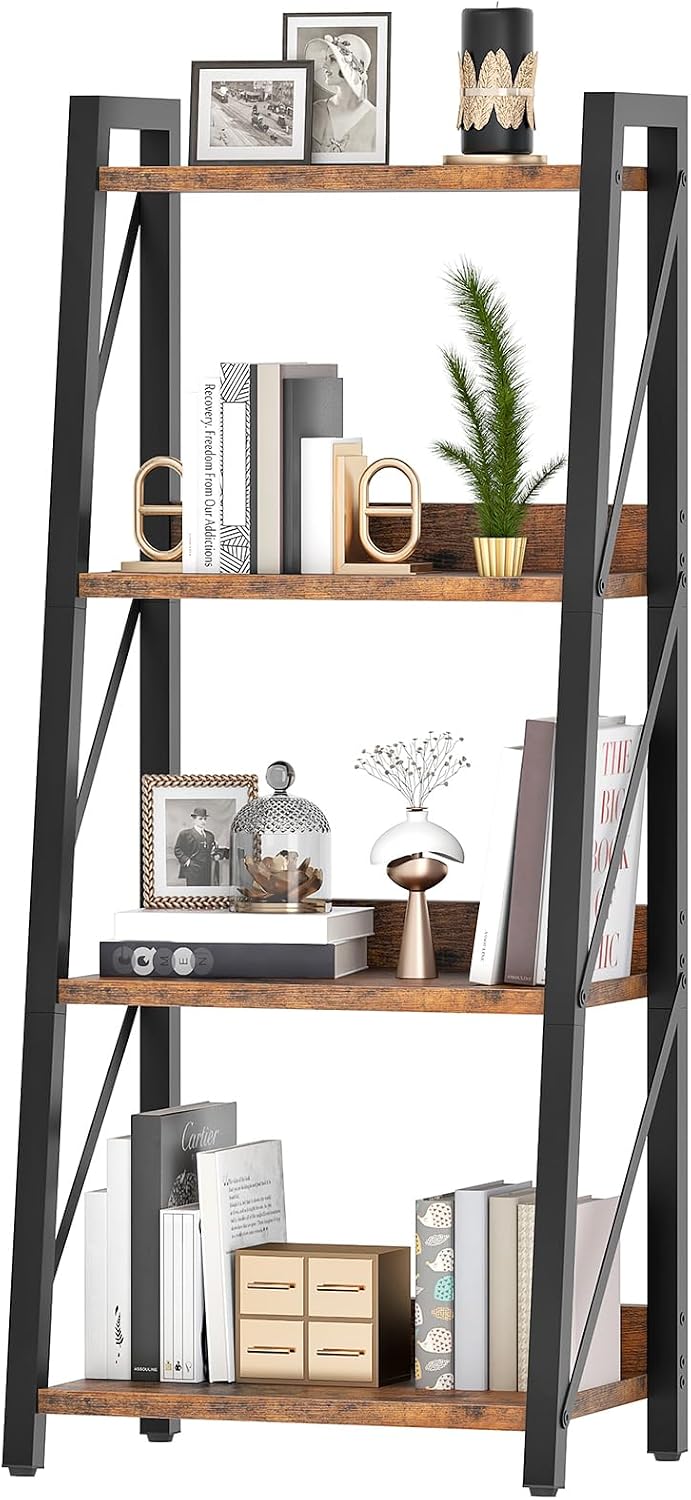 HOOBRO Ladder Shelf, 4-Tier Bookshelf, Corner Bookcase, Freestanding Storage Shelf Display Organizer, for Living Room, Bedroom, Home Office, Kitchen, Rustic Brown and Black BF304CJ01