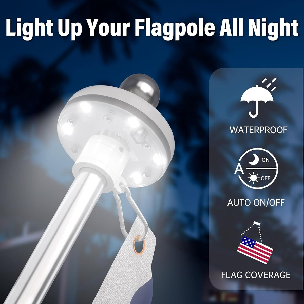 ZMTECH 1PC Solar Light for Flag Pole, Waterproof Outdoor Lighting for 5-10FT Flagpoles, Auto On/Off with Solar Charging, Fits 1in Diameter Poles (White)