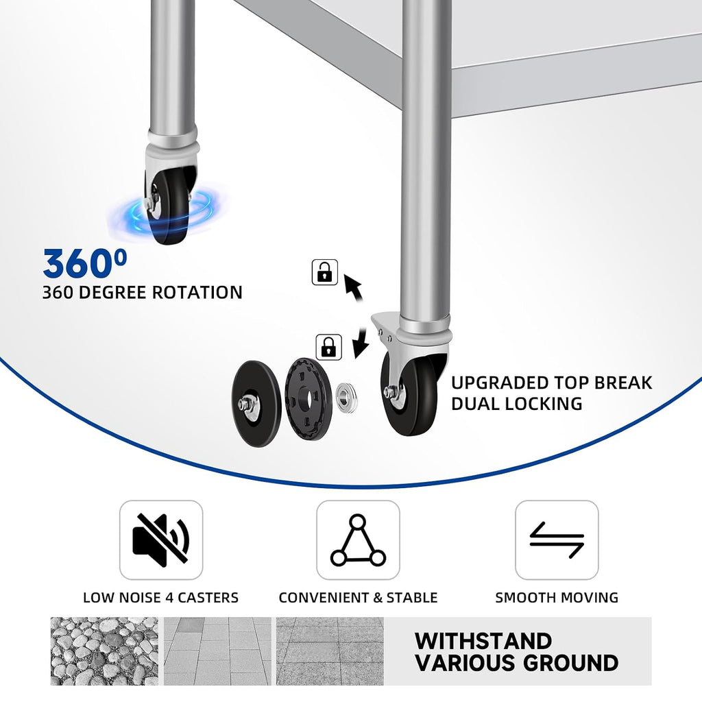 Stainless Steel Table with Wheels, Stainless Table for Prep & Work, 30 x 18 x 35Inch Commercial NSF Steel Metal Table for Restaurant Kitchen Hotel Garage