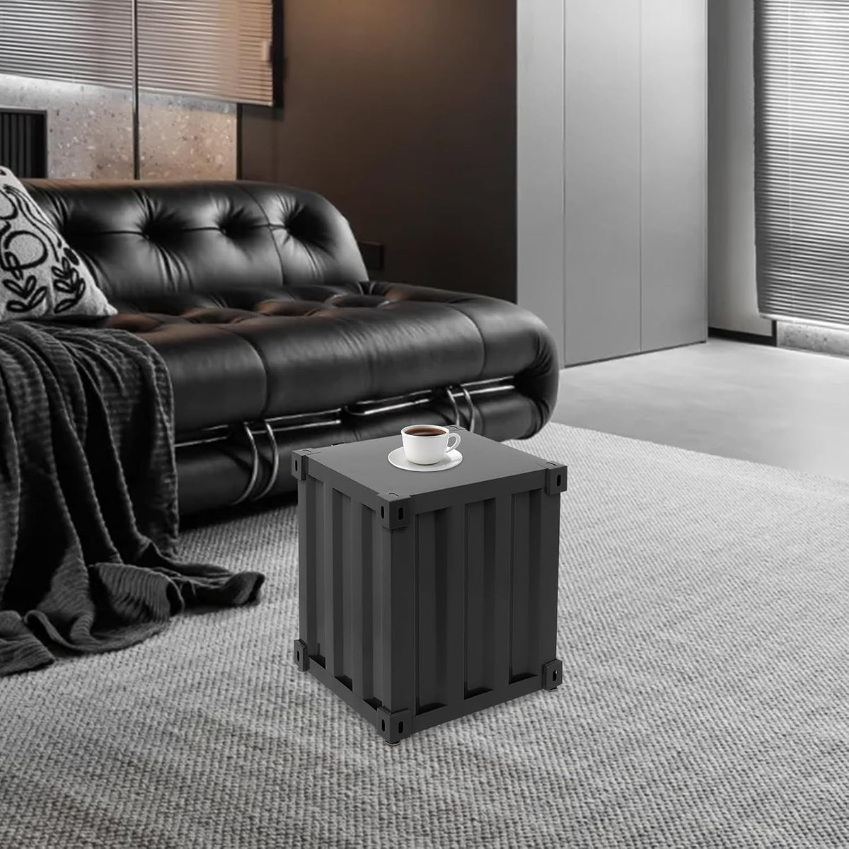 Industrial Style Side Table, Multifunctional Container Cabinet Style Side Table, Up to 22.05lbs, Practical Iron Bedside Tables for Bedroom Living Room Office (Black)