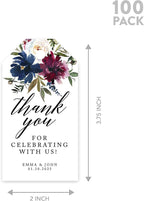 Andaz Press 100-Pack Personalized Thank You for Celebrating with Us Wedding Favor Tags with Bakers Twine Navy Blue Burgundy Florals Custom Cardstock Wedding Gift Tags for Party Favors 2 x 3.75-Inches
