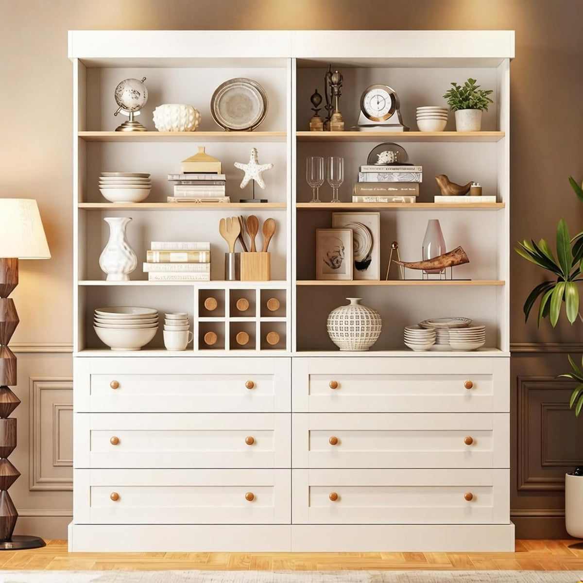 Vyre 71" Tall Farmhouse Kitchen Pantry, Set of 2 Large Storage Cabinets with 3 Drawers, Adjustable Shelves, Wood Versatile Hutch Cabinet for Living Room, Dining Room