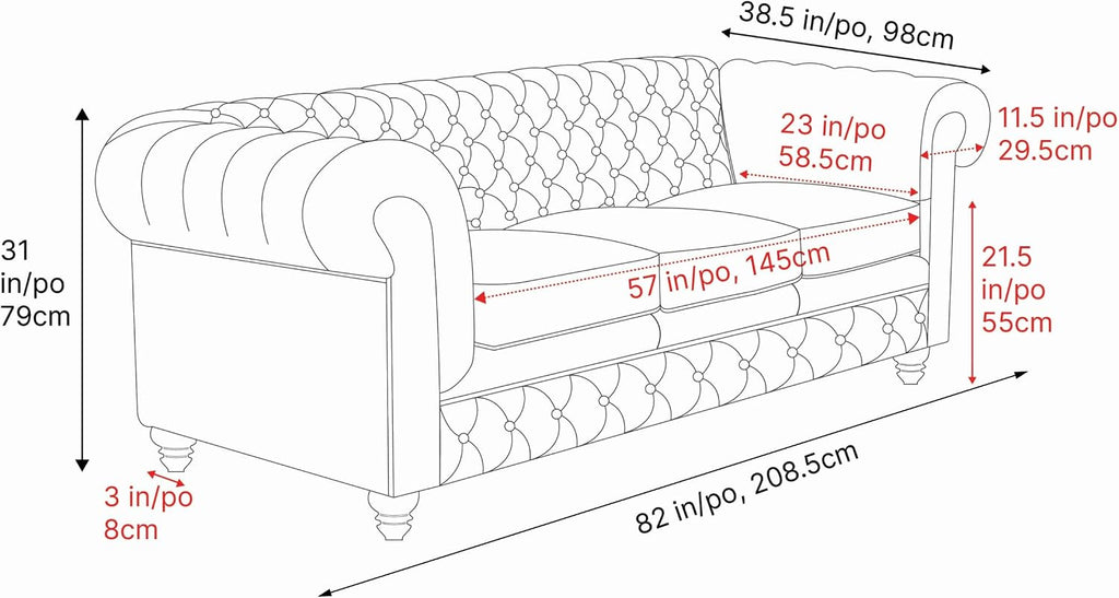 Valencia Parma Chesterfield 3 Seater Sofa 82" | Premium Leather | Mid-Century Leather Couch with Classic Button Tufted Back, Wood Legs for Living Room, Black