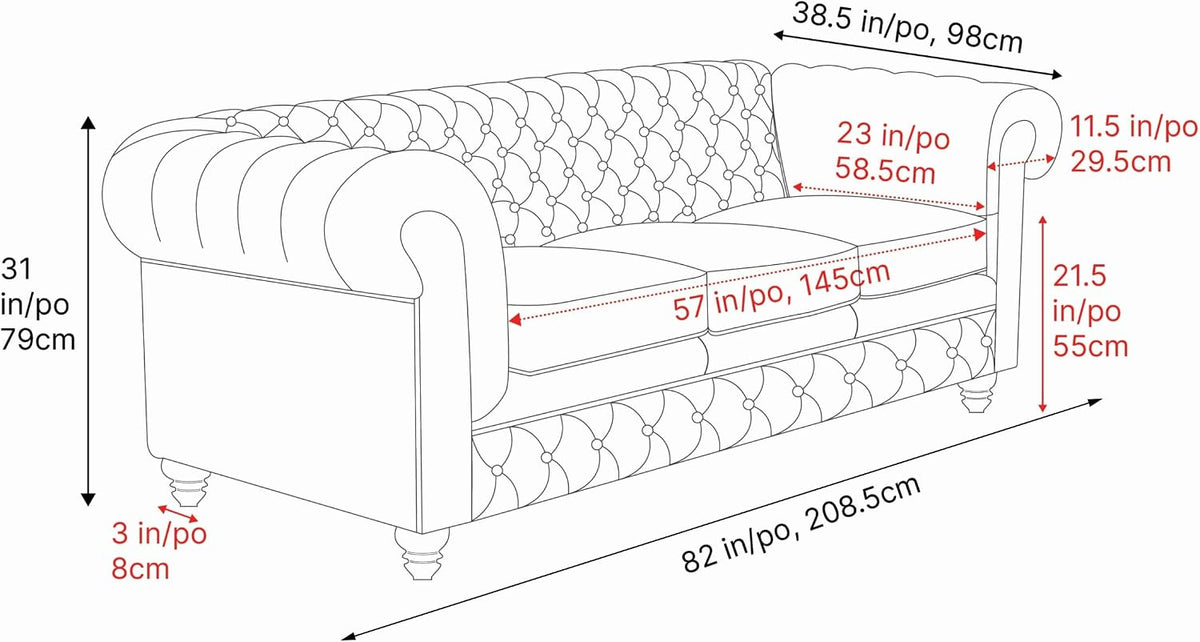 Valencia Parma Chesterfield 3 Seater Sofa 82" | Premium Leather | Mid-Century Leather Couch with Classic Button Tufted Back, Wood Legs for Living Room, Black