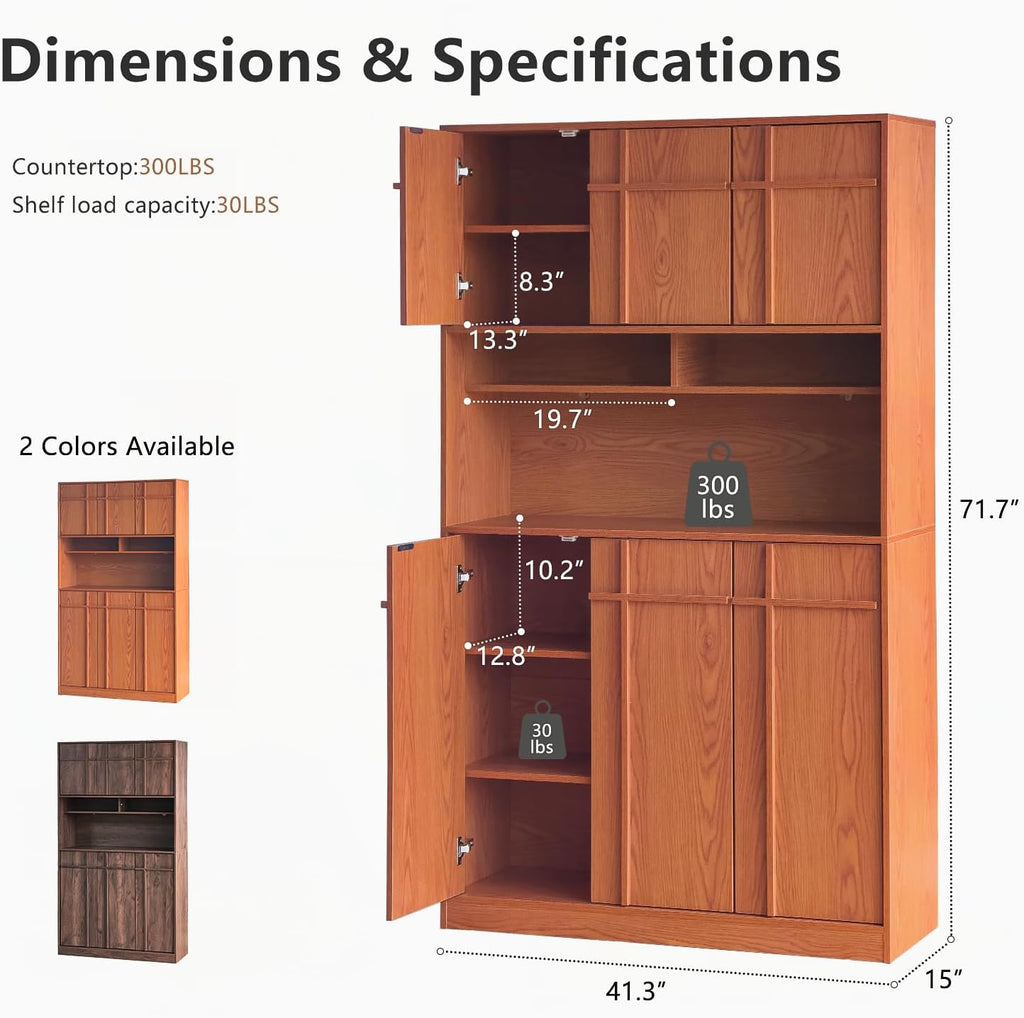 72" Pantry Cabinet, Tall Kitchen Pantry Storage Cabinet with Countertop, Adjustable Shelves, Mid Century Modern Wooden Kitchen Hutch with Skeleton Lines for Living Room, Dining Room, Cherry