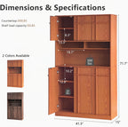 72" Pantry Cabinet, Tall Kitchen Pantry Storage Cabinet with Countertop, Adjustable Shelves, Mid Century Modern Wooden Kitchen Hutch with Skeleton Lines for Living Room, Dining Room, Cherry