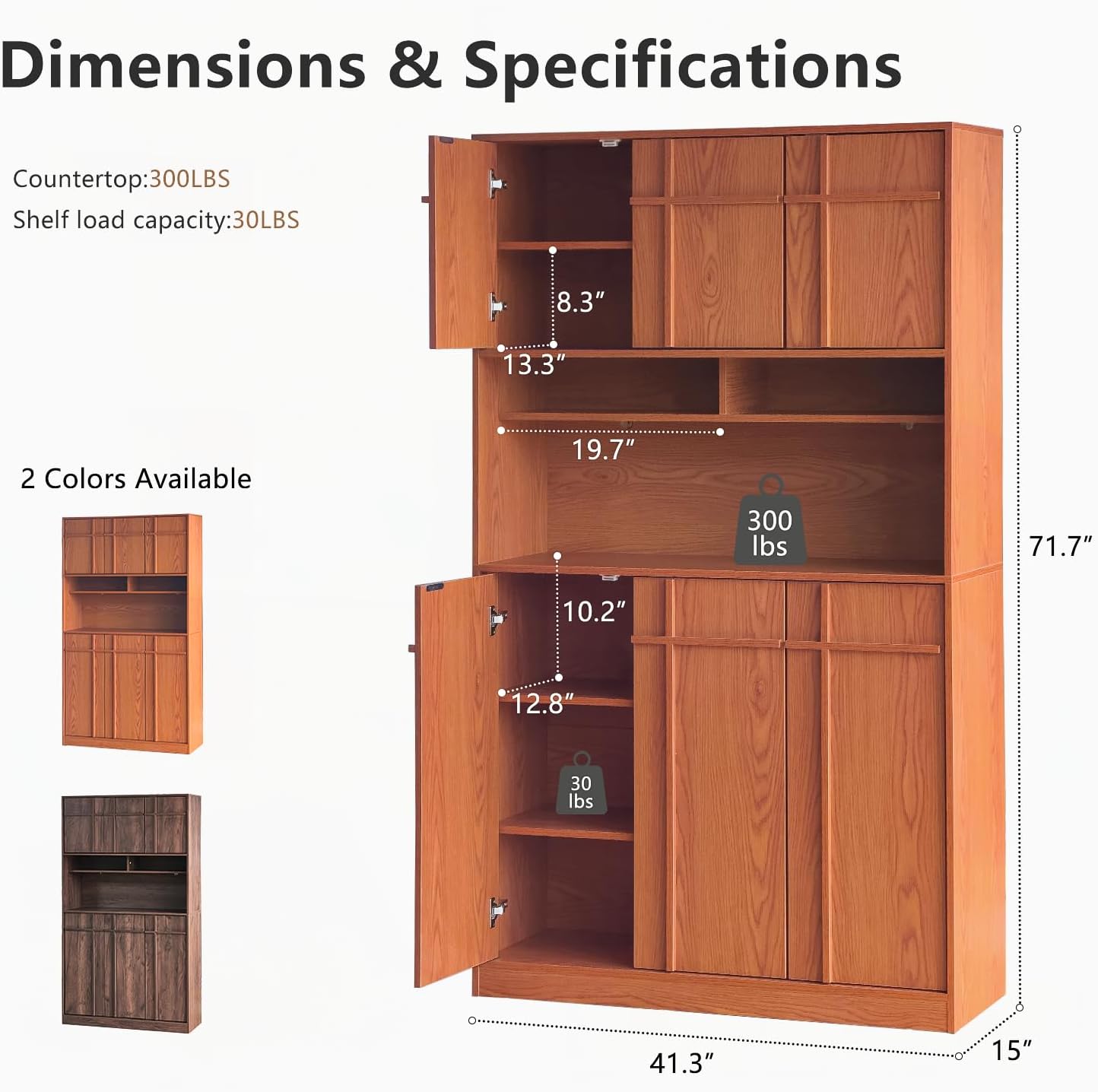 72" Pantry Cabinet, Tall Kitchen Pantry Storage Cabinet with Countertop, Adjustable Shelves, Mid Century Modern Wooden Kitchen Hutch with Skeleton Lines for Living Room, Dining Room, Cherry