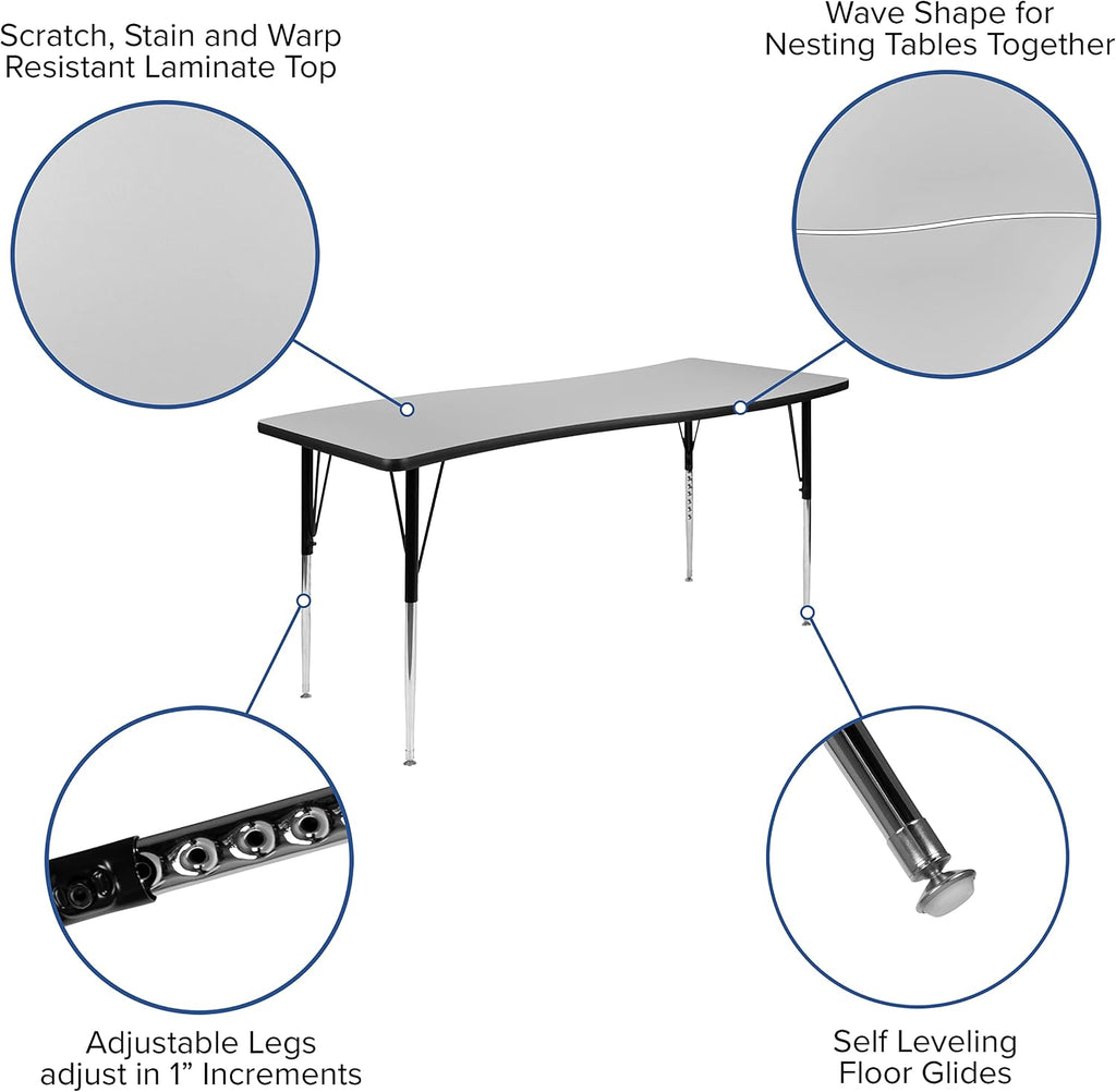 Flash Furniture Emmy 2 Piece 86" Oval Wave Flexible Grey Thermal Laminate Activity Table Set - Standard Height Adjustable Legs | Height Adjustable, Flexible, Durable Construction, Commercial Use