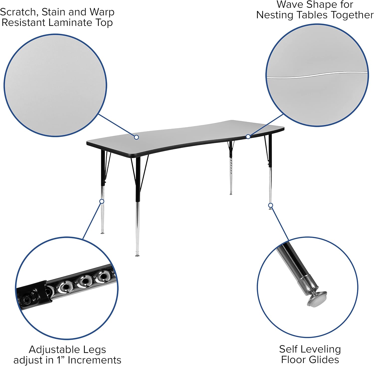 Flash Furniture Emmy 2 Piece 86" Oval Wave Flexible Grey Thermal Laminate Activity Table Set - Standard Height Adjustable Legs | Height Adjustable, Flexible, Durable Construction, Commercial Use