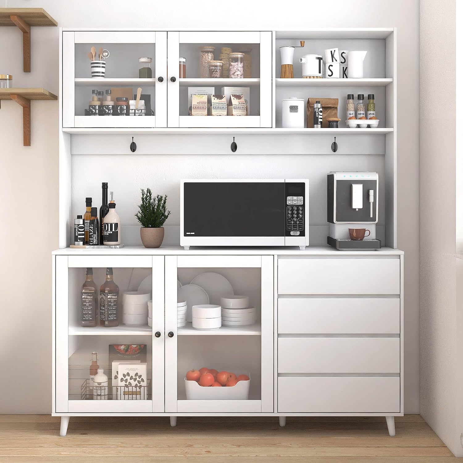 74" Tall Kitchen Pantry Storage Cabinet with Drawers, Microwave Shelf & Hutch, Modern Freestanding Kitchen Cabinets with Countertop & Hook Up, White Buffet Cabinet, (63" W x 15.7" D x 74.8" H)