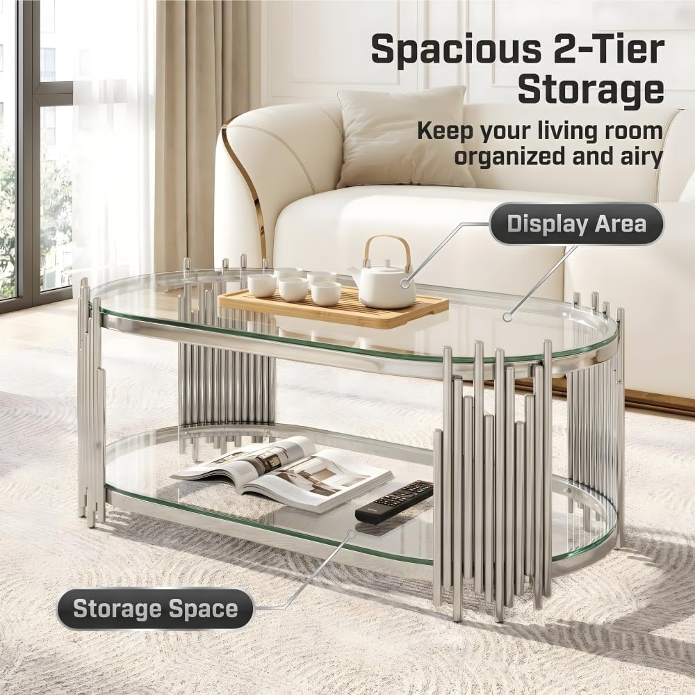 Coffee Table Set, 2-Piece Oval Glass Nesting Tables, Polished Chrome | Rhythmic Vertical Metal Rods Add Sculptural Style to Living Rooms, Offices, and Lounge Areas