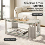 Coffee Table Set, 2-Piece Oval Glass Nesting Tables, Polished Chrome | Rhythmic Vertical Metal Rods Add Sculptural Style to Living Rooms, Offices, and Lounge Areas